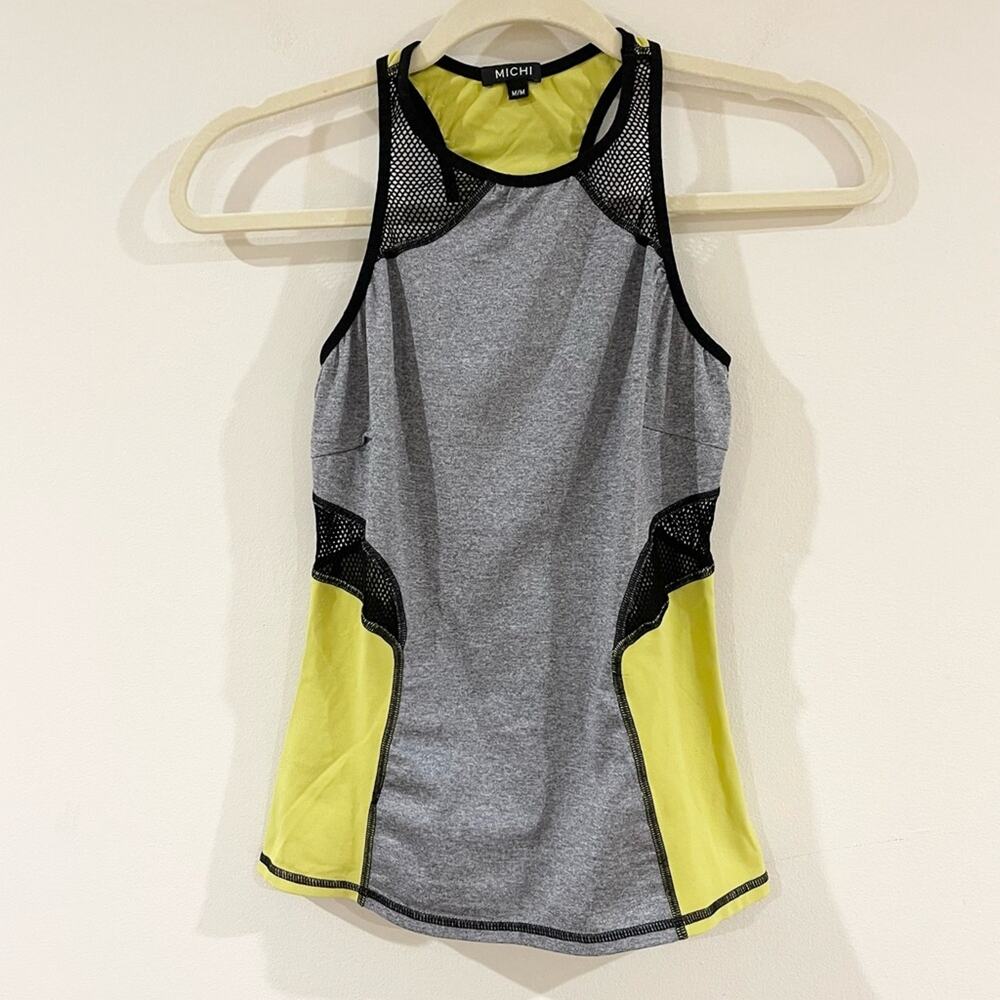 Michi Gray, Black and Yellow Women's Athletic Tank Top with Mesh Panels